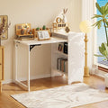 HDDFER Folding Desk with Built-in Outlet,for Small Spaces,Hidden Desk with Storage Shelf, Foldable Computer Desk for Bedroom Home Office, Mid Century Modern Fold Out Table Writing Table, White