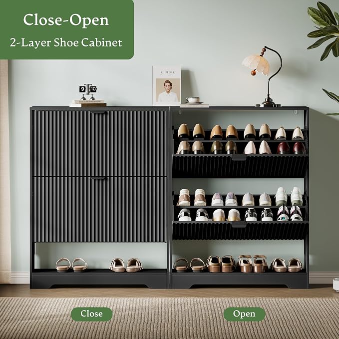Xixini Shoe Storage Cabinet for Entryway with 2 Flip Drawers, Hidden Slim Wood Shoe Organizer with Modern Fluted Panel, Freestanding Narrow Shoe Rack for Front Door Entrance, Hallway, Foyer, Black