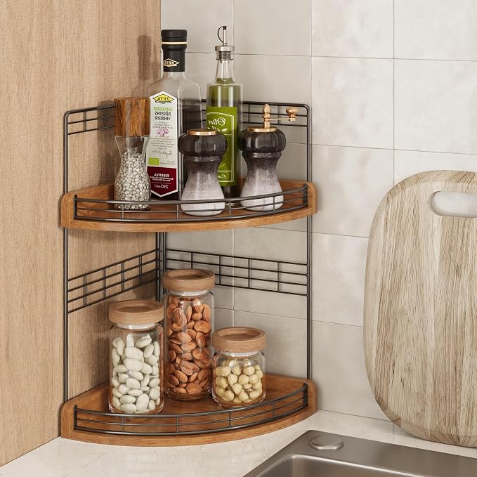 Bathroom Countertop Corner Organizer for Small Spaces, 2-Tier Counter Shelf | Oak Wood & Iron, Fan-Shaped Counter Shelf for Sink & Vanity Corners, Skincare, Toiletries, Compact Vertical Storage, Walnut