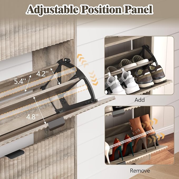 HUANLEGO Shoe Cabinet Storage for Entryway with 6 Flip Drawers, Fluted Narrow Shoe Organizer with Wooden Legs, Freestanding Slim Shoe Storage Hidden Shoe Rack Organizer for Front Door Entrance, Grey