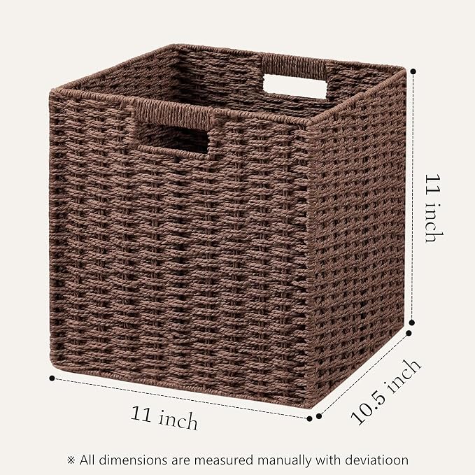 UBBCARE 2 Pack Wicker Basket, 11L×11H×10.5W inch Woven Paper Rope Storage Baskets for Shelves, Foldable Cube Storage bin with Handle, Storage Basket for Organizing & Decor, Brown