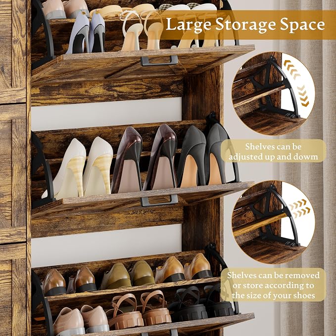 Wodeer Shoe Cabinet Storage for Entryway, Shoe Storage Cabinet with 6 Flip Drawers, Freestanding Narrow Shoe Rack Organizer with Metal Legs, Adjustable Shelves & Open Storage for Foyer, Hallway, Brown