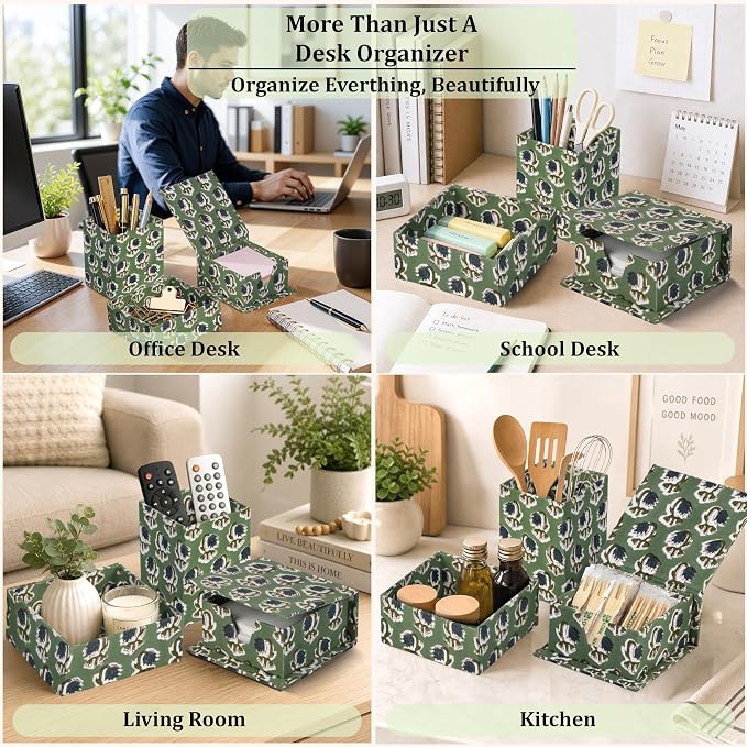 Ridhi Basil Green Block Print Handmade Office Desk Organizer Pen and Sticky Note accessories Holder Cute, Aesthetic, Decor workspace Caddy Gift for Office, Teachers, Professionals, Students
