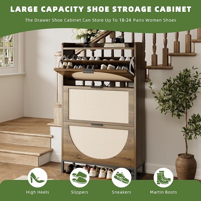 Flip Drawer Shoe Cabinet, Slim Narrow Entryway Storage Furniture with Hidden Flip-Open Organizer, Engineered Wood & Veneer Construction, Hallway Living Room Foyer, 3 Drawer, Oak