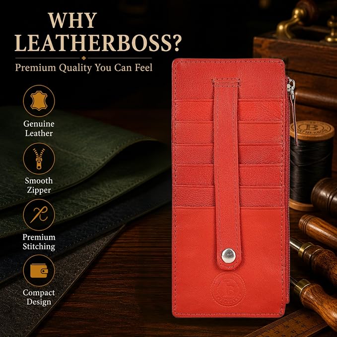 Leatherboss Genuine Leather Women's All in One Credit Business Card Case Holder Slim Zipper Wallet With a Card Protection Strap, Red