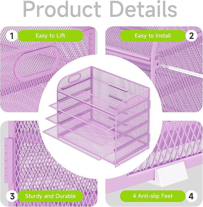 Cawukege 5 Tier Paper Organizer with Handle, Metal Mesh Desk Organizer File Folder Paper Letter Tray Desktop Document Sorter for Classroom, School, Office Accessories Organization and Storage - Purple