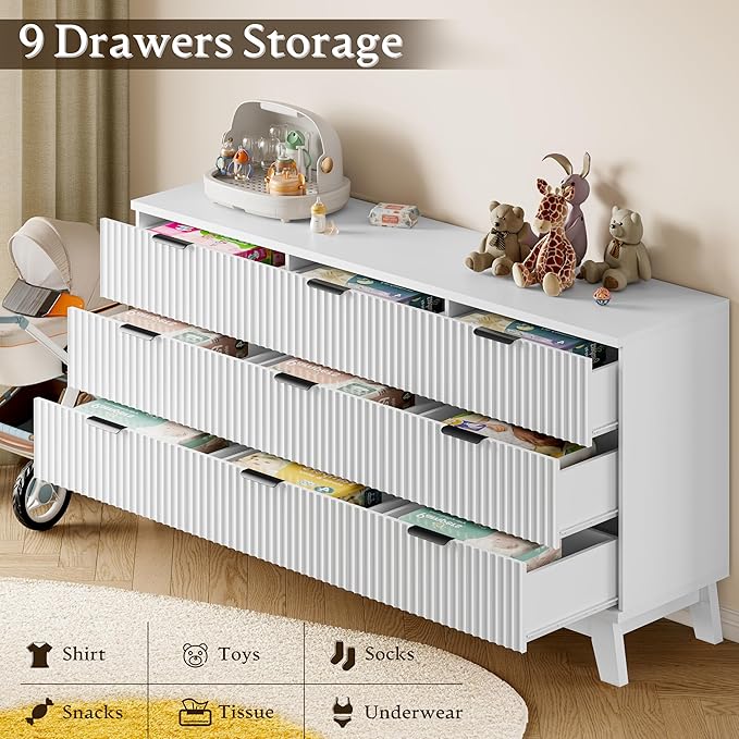 BORNOON 63" Long Dresser for Bedroom, 9-Drawer Fluted Dresser, Extra-Wide Wood Chest of Drawers with Smooth Metal Slides, Stable Base, Modern Clothes Storage Cabinet for Living Room, Hallway, Nursery