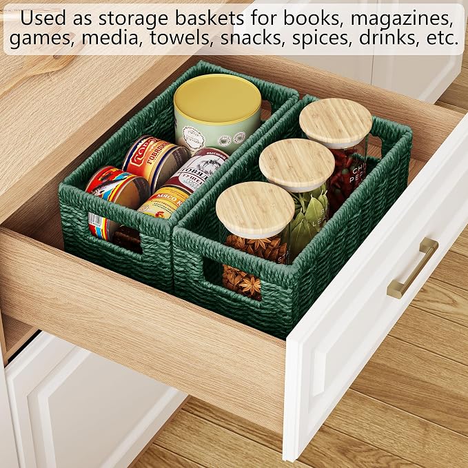 Vagusicc Wicker Storage Basket, Set of 2 Hand Woven Wicker Baskets for Organizing with Handles, Decorative Small Storage Bins for Countertop Toilet Paper Basket for Toilet Tank Top, Shelves, Green