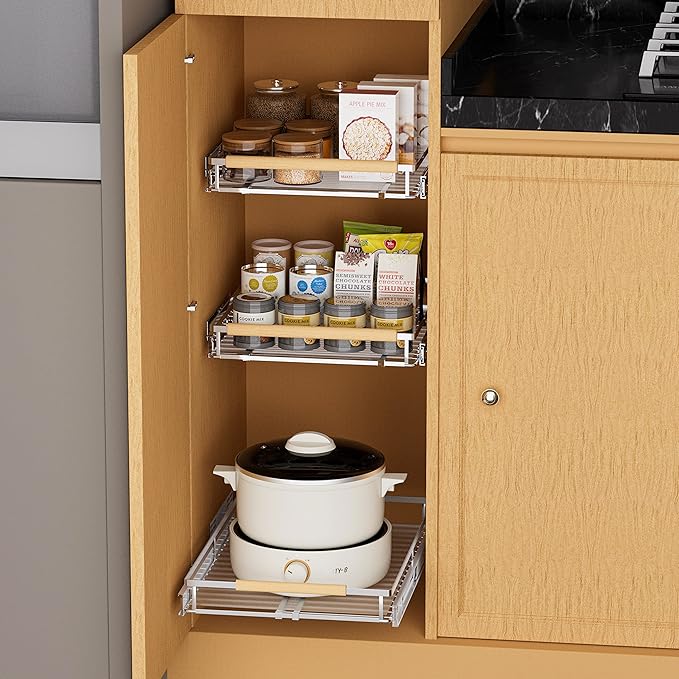 SANNO Pull Out Cabinet Organizer, Slide Out Cabinet Shelf,Under Sink Slide Out Cabinet Organizer, Pots Pans Organizer Smooth Roll,Expandable Width 16.1 to 26.4" W
