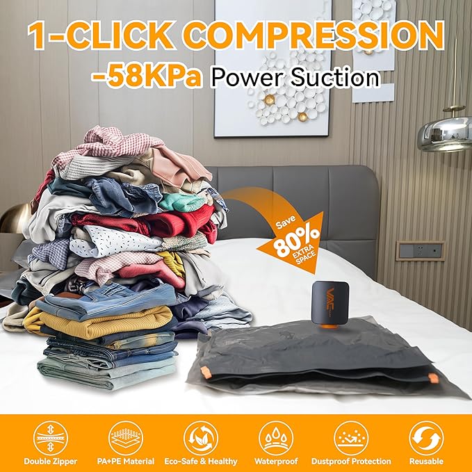 Travel Vacuum Bags for Clothing with Rechargeable Cordless Pump,Vacuum Storage Bags,15 Pack Vacuum Bags,Compression Packing for Clothes,Pillows,Comforters & Travel