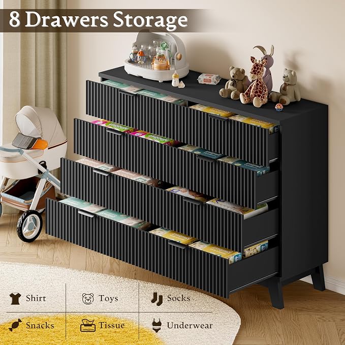 BORNOON 53" Wide Dresser for Bedroom, 8-Drawer Fluted Chest of Drawers, Modern Wood Highboy with Metal Slides and Handles, Anti-Tip Kit, Vertical Clothes Storage Organizer for Apartment, Closet