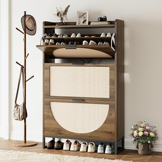 Flip Drawer Shoe Cabinet, Slim Narrow Entryway Storage Furniture with Hidden Flip-Open Organizer, Engineered Wood & Veneer Construction, Hallway Living Room Foyer, 3 Drawer, Oak