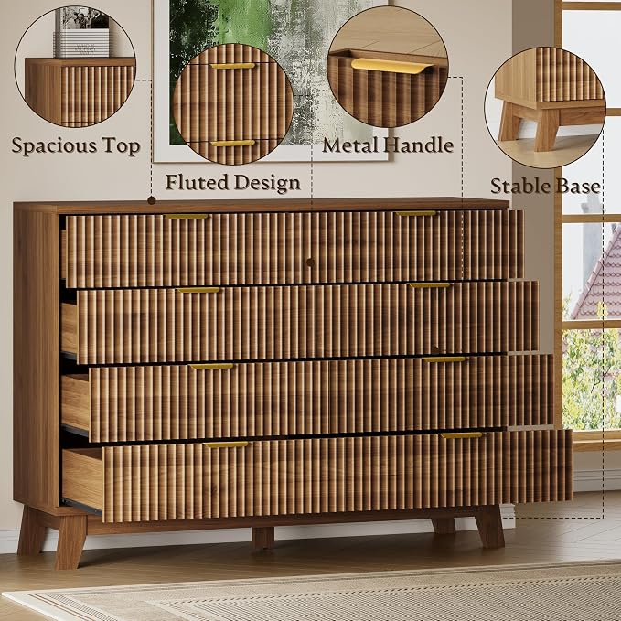 BORNOON Fluted 8 Drawer Tall Dresser, 47.2" Wide Modern Boho Chest of Drawers, Wooden Storage Dresser TV Stand for Bedroom, Living Room, Closet, Hallway, Curved Profile Design