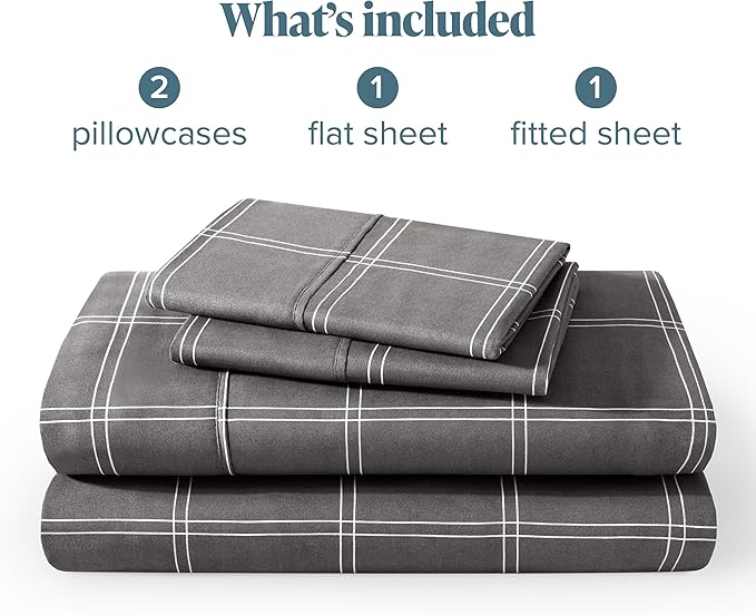 Bare Home Queen Sheet Set - Luxury 1800 Ultra-Soft Microfiber Bed Sheets - Double Brushed - Deep Pockets - Easy Fit - 4 Piece Set - Bed Sheets (Queen, Modern Plaid - Grey/White)