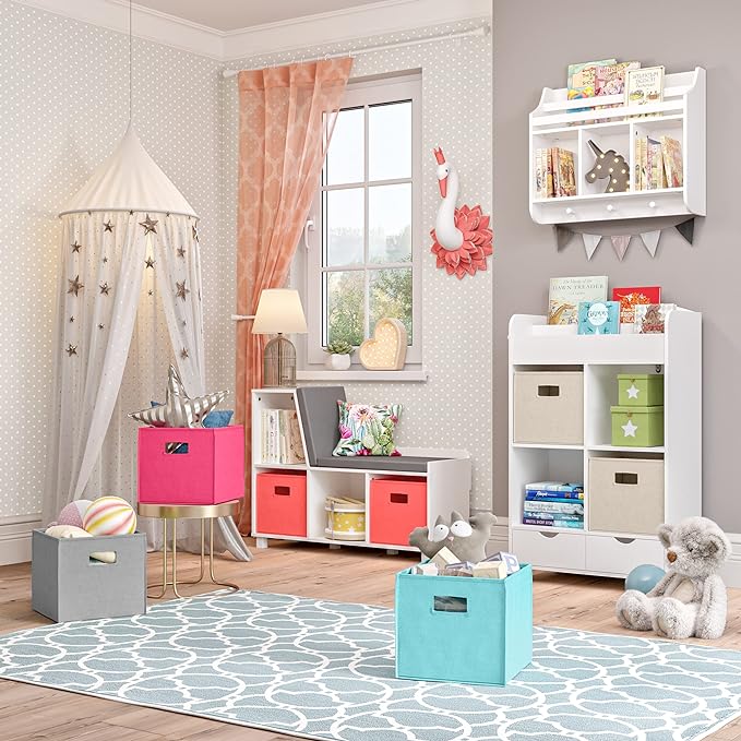RiverRidge Folding Storage Bins - 2-pack of 10in Tall Aqua Cubes | Fabric Bins, Set of 2 Storage Cubes, Cut-out Handles, Playroom Closet Organizer, Collapsible Cubby with Bottom Board Insert