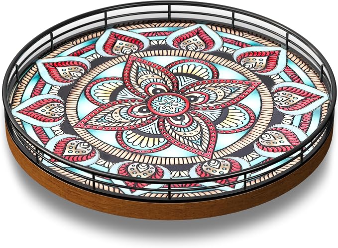 10.2-Inch Boho Lazy Susan with Oak Base and 3D Textured Ceramic Tile | Rotating tray with raised boho ceramic texture, oak base and walnut finish for dining tables, counters and coffee bars.