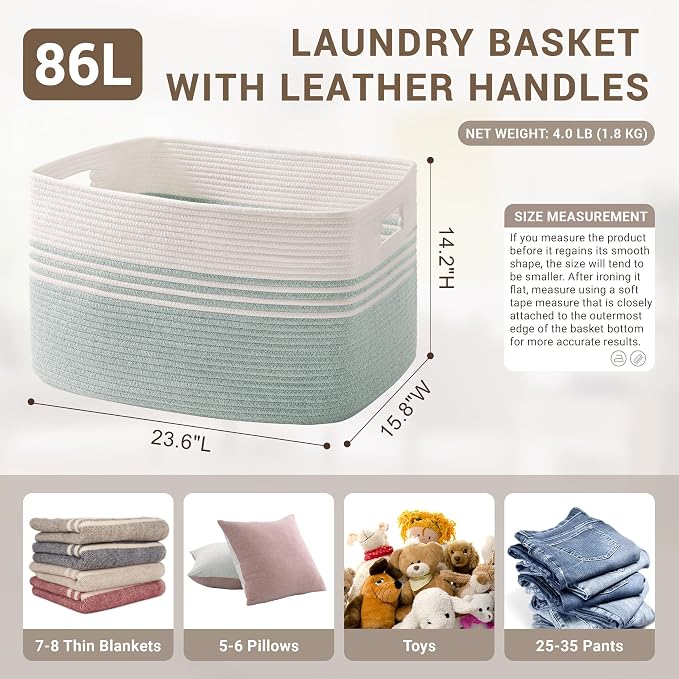 86L Large Woven Laundry Basket Hamper with Handles, Green | 24"x16"x14", collapsible wicker hamper, storage for dirty clothes, toys, blankets, gifts, living room, bedroom, bathroom