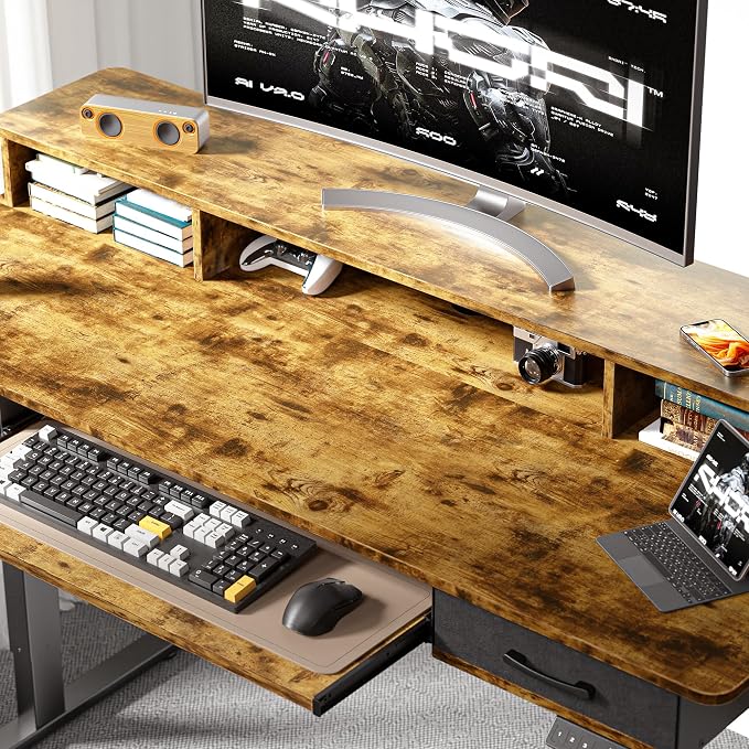 WALKINGDESK 63x24 Inches Electric Standing Desk with Keyboard Tray, Height Adjustable Stand up Desk with 2 Drawers, Ergonomic Sit to Stand Desk with Storage Monitor Stand, Computer Table, Rustic Brown