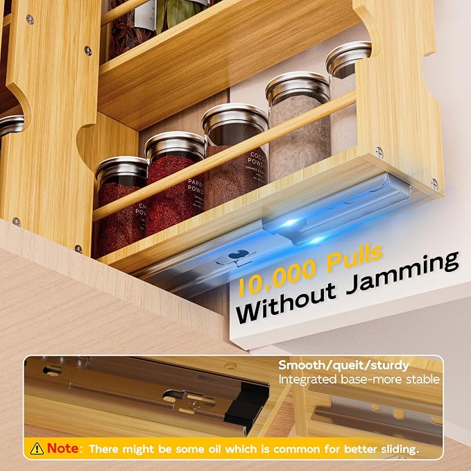 Jolitac Bamboo Pull Out Spice Rack for Cabinet, Slide Out Drawers | Space-Saving, Vertical Organization, Easy to Install, 2.3" Wide, 4 Drawers(1.85" Wide), 2-Tier