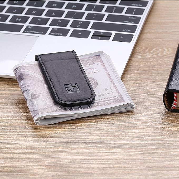 GH GOLD HORSE Slim Magnetic Money Clip Genuine Leather Business Card Holder for Men (Black)