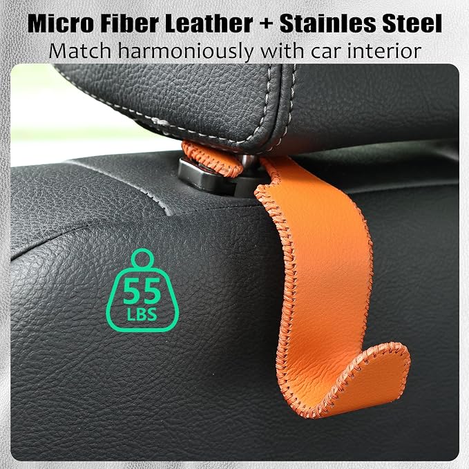 Amooca Car Seat Headrest Hook Universal Vehicle Storage Hanger Leather with Metal Car Seat Back Organizer for Handbag Purse Coat Orange 4 Pack
