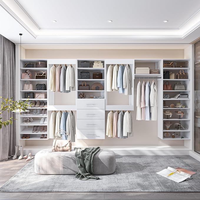Modular Closet System, 52" Wide Wall-Mounted Closet Tower Organizer with Rods for Walk-In Closet Storage, White
