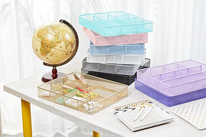 Annova Desk Top Organizer Tray for Office Organization - Metal Mesh - Storage Tray with Dividers for Pens, Desktop Accessories, Bathroom, Kitchen, Makeup and Office Supplies (Large, Turquoise)