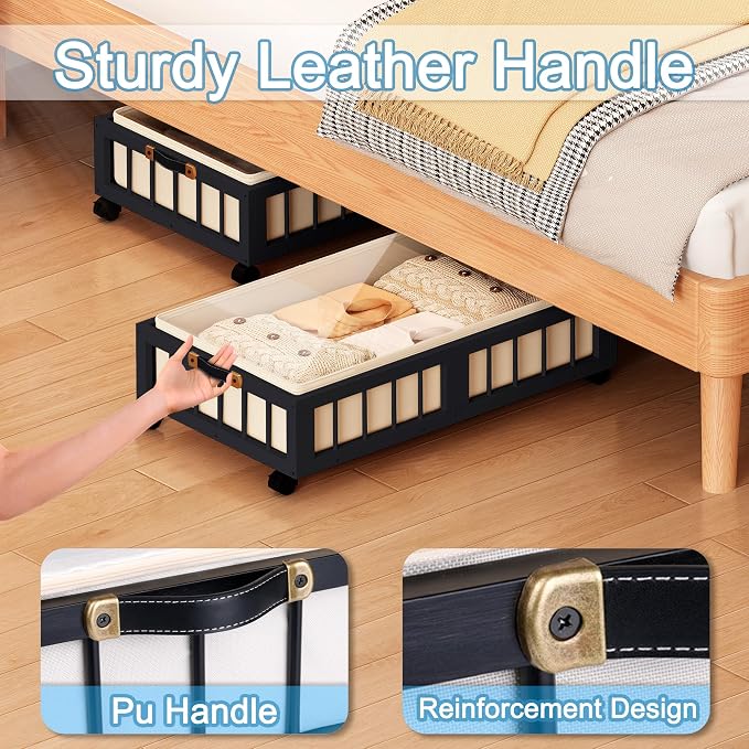 efluky 2-Pack Bamboo Under Bed Storage Containers with Wheels, Under Bed Clothes Storage Basket with Large Dust Bag, Rolling UnderBed Storage for Bedroom, Dorm and Basement, Black, (60 x 42 CM