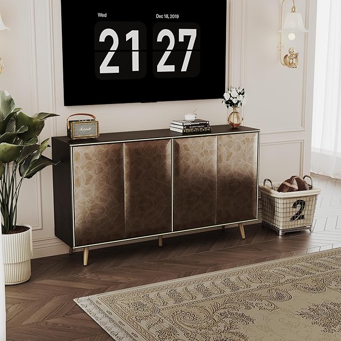 Sideboard Buffet Cabinet with Raised Shaped & Geometric Line Texture Door Panel, Accent Storage Cabinet for Living Room (Cabinet Body- Black Oak, 4 Door-15 D x 61" W x 34.5" H)