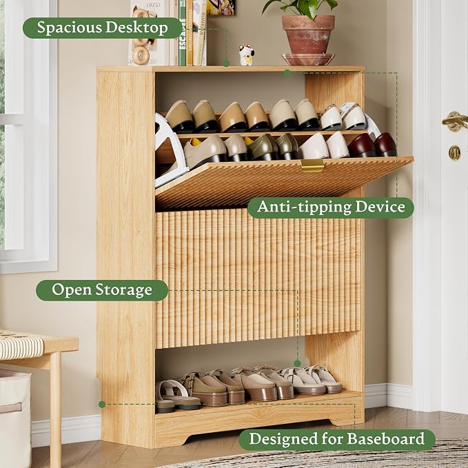 Xixini Shoe Storage Cabinet for Entryway with 2 Flip Drawers, Hidden Slim Wood Shoe Organizer with Modern Fluted Panel, Freestanding Narrow Shoe Rack for Front Door Entrance, Hallway, Foyer, Oak