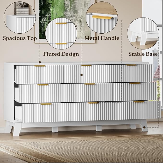 BORNOON Fluted 9 Drawer Dresser, 57.1" Wide Modern Boho Chest of Drawers, Wooden Storage Dresser TV Stand for Bedroom, Living Room, Closet, Hallway, Curved Profile Design