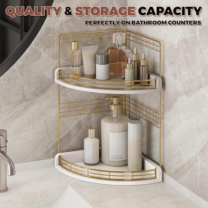 Bathroom Countertop Corner Organizer for Small Spaces, 2-Tier Counter Shelf | Oak Wood & Iron, Fan-Shaped Counter Shelf for Sink & Vanity Corners, Skincare, Toiletries, Compact Vertical Storage, White