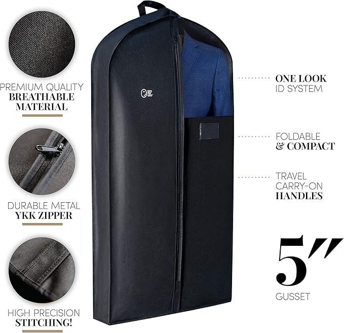 Luxury Storage Garment Bag for Men Suit, Long Women Dress, Tuxedo, Uniform | 47 Inch + 5 Inch Side Gusset | Hanging, Breathable, Foldable Clothes Cover and Protector