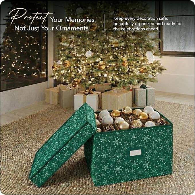 Covermates Keepsakes Adjustable Ornament Storage Box – Heavy-Duty Polyester, Padded Dividers & FlexGrid Trays – Protective Holiday Organizer with Stackable Walls & Label Window, Green Snowflake