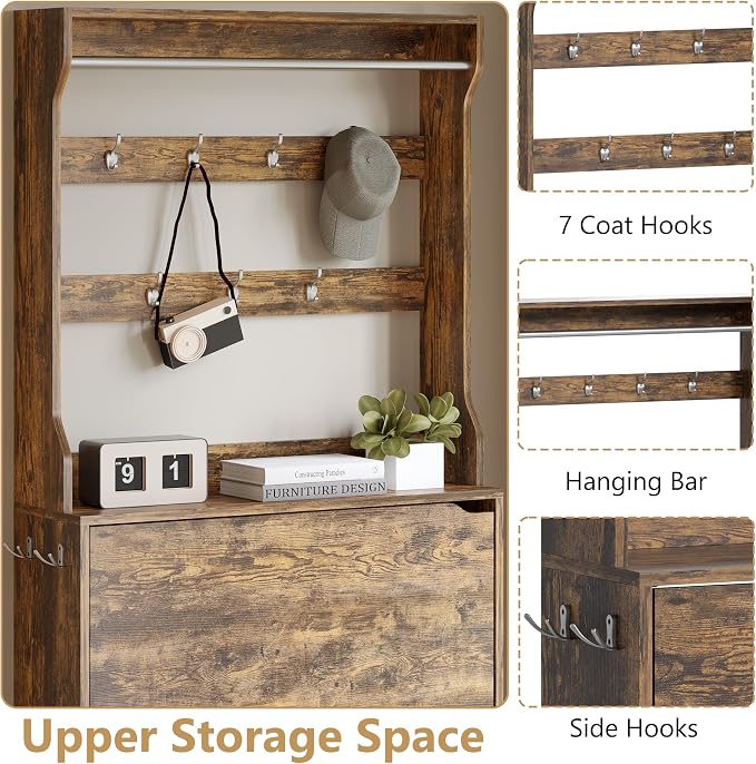 Wodeer Tall Shoe Cabinet with Coat Rack, Hidden Shoe Storage Cabinet with Doors & Drawer, Hanging Bar & Hooks, Slim Narrow Freestanding Shoe Rack Organizer for Entryway, Hallway & Living Room, Brown