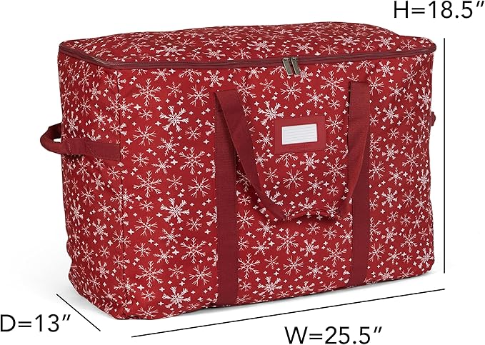 Covermates Keepsakes Adjustable Ornament Storage Bag – Heavy-Duty Polyester, Padded Dividers & FlexGrid Trays – Protective Holiday Ornament Organizer with Handles & Label Window, Red Snowflake