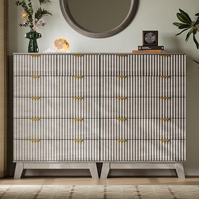 BORNOON 46" Tall Dresser for Bedroom, 6-Drawer Fluted Chest of Drawers, Modern Wood Highboy with Deep Storage, Metal Slides and Handles, Anti-Tip Kit, Vertical Clothes Organizer for Apartment, Nursery