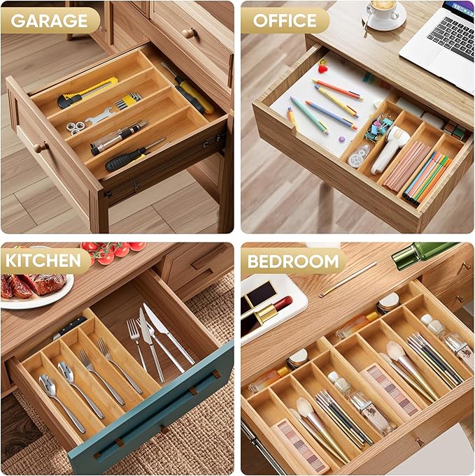 Silverware Organizer, 2 Pack 10 Inch Utensil Organizer Kitchen Drawer Organizer Bamboo Silverware Holder Cutlery Tray Organizer in Drawer Flatware Organizer Tray(5 slots, Natural）