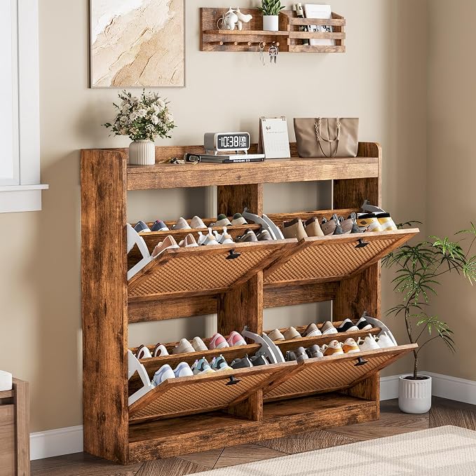 Garvee Shoe Storage Cabinet with 4 Flip Drawers, Wood Shoe Cabinet with Rattan Doors and Adjustable Shelves- Freestanding Shoe Organizer for Entryway, Hallway