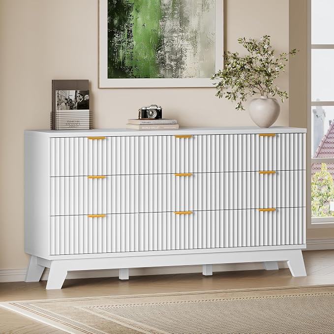 BORNOON Fluted 9 Drawer Dresser, 57.1" Wide Modern Boho Chest of Drawers, Wooden Storage Dresser TV Stand for Bedroom, Living Room, Closet, Hallway, Curved Profile Design