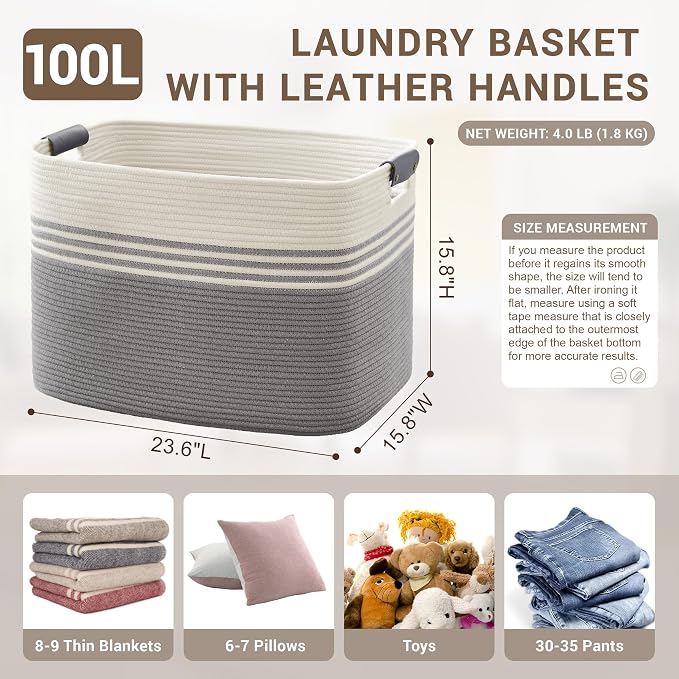 100L Large Woven Laundry Basket Hamper with Leather Handles,Grey | 24"x16"x16", collapsible wicker hamper, storage for dirty clothes, toys, blankets, gifts, living room, bedroom, bathroom
