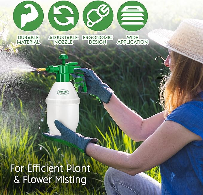 Garden Pump Sprayer, Handheld Bottle Mist Water Sprayer, Hand Pressure Home Cleaning Plant Lawn Sprayer w/ Safety Valve & Adjustable Bronze Nozzle, 1 Liter/1 QT/.26 Gallon/34 Ounces/1000 ml –By Rampro