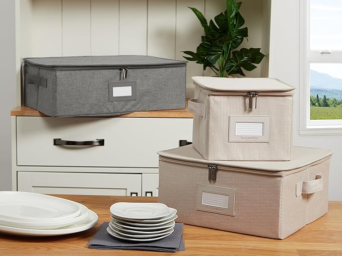 Covermates Dish Storage Box – China & Dinner Plate Storage Container with Dual Zippers, Reinforced Handles, ID Window & Stackable Structured Walls for Dishware Organization, Grey Heather
