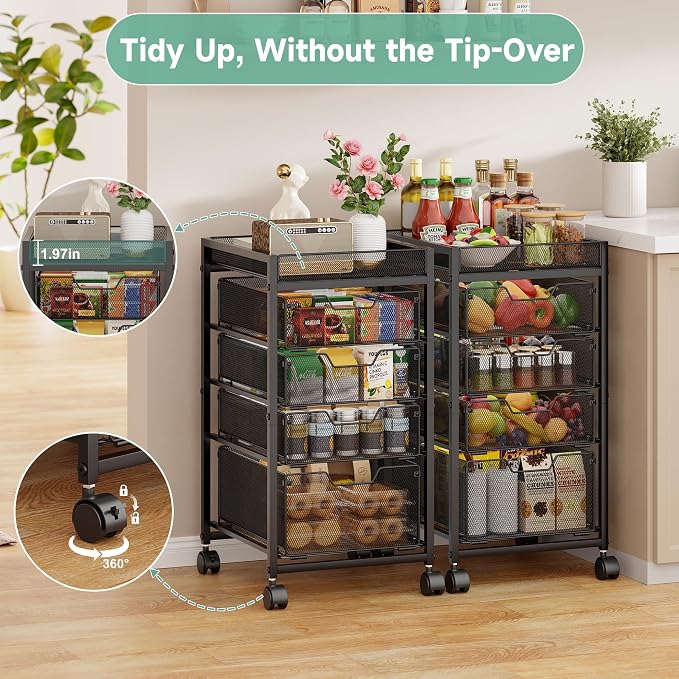 5-Tier Rolling Cart with Drawers & Top Basket, Snack Cart with Wheels | Metal Kitchen Utility Storage Cart - Fruit Vegetable Storage Stand, Kitchen Organization Rack for Cans, Craft, Art, Beauty