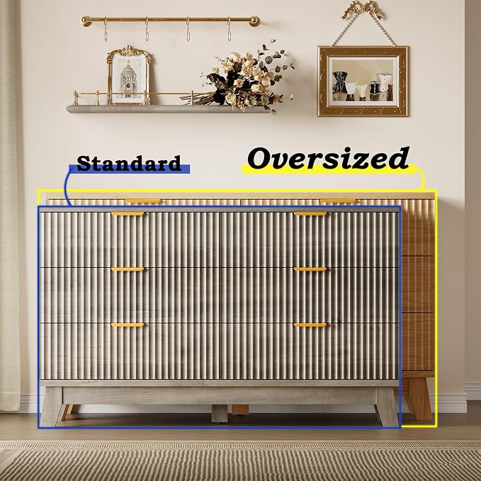 BORNOON Fluted 6 Drawer Dresser, 47.2" Wide Modern Boho Chest of Drawers, Wooden Storage Dresser TV Stand for Bedroom, Living Room, Closet, Hallway, Curved Profile Design