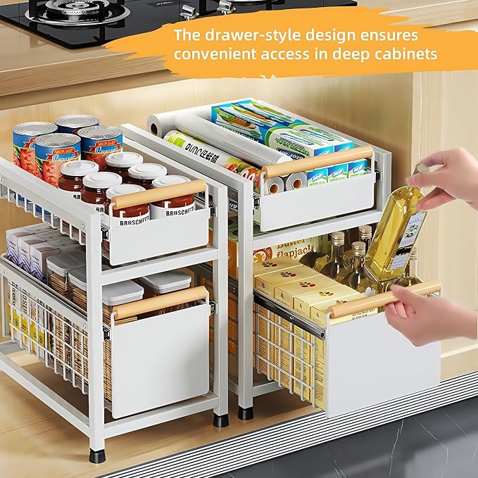 Pull Out Cabinet Organizer, Pull Out Basket Drawers for Cabinets, Slide Out Basket Drawers for Kitchen Cabinets, Under Sink Organizer for Kitchen, Bathroom (White Large Double-tier)