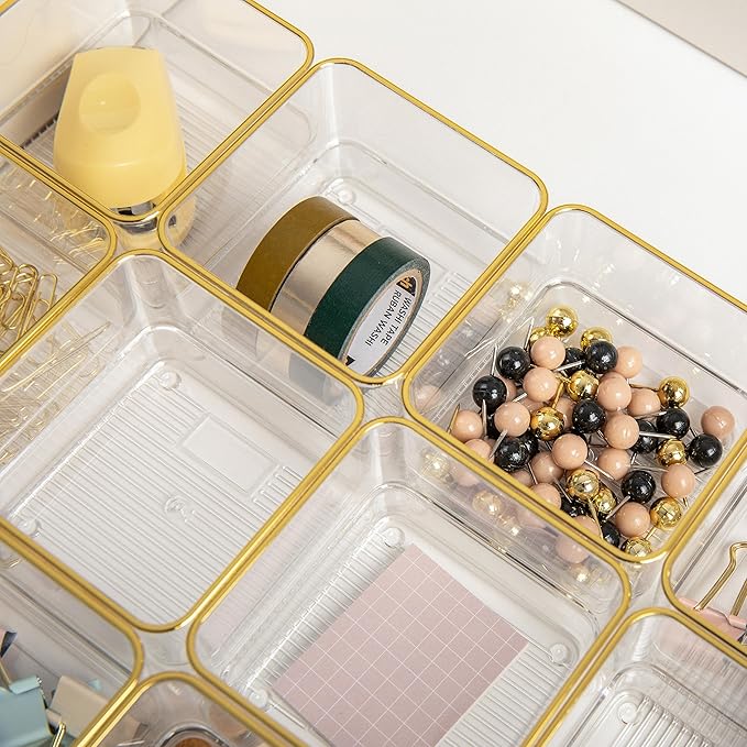 Martha Stewart Kerry Plastic Stackable Office Desk Drawer Organizers, 3" x 3", 12 Pack, with Gold Trim