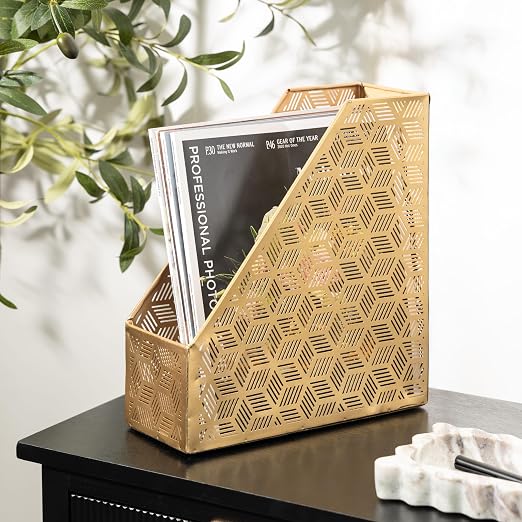 Deco 79 Metal Geometric Single Slot Magazine Holder with Laser Carved Design, 5" x 10" x 12", Gold