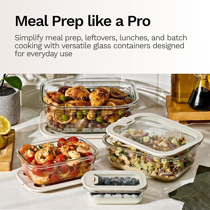 Naked Kitchen 8-Piece Food Storage Containers with Lids – Nesting Borosilicate Glass Meal Prep Containers with Leak-Proof Airtight Seal – BPA Free, Microwave, Oven, Freezer & Dishwasher Safe – Cream