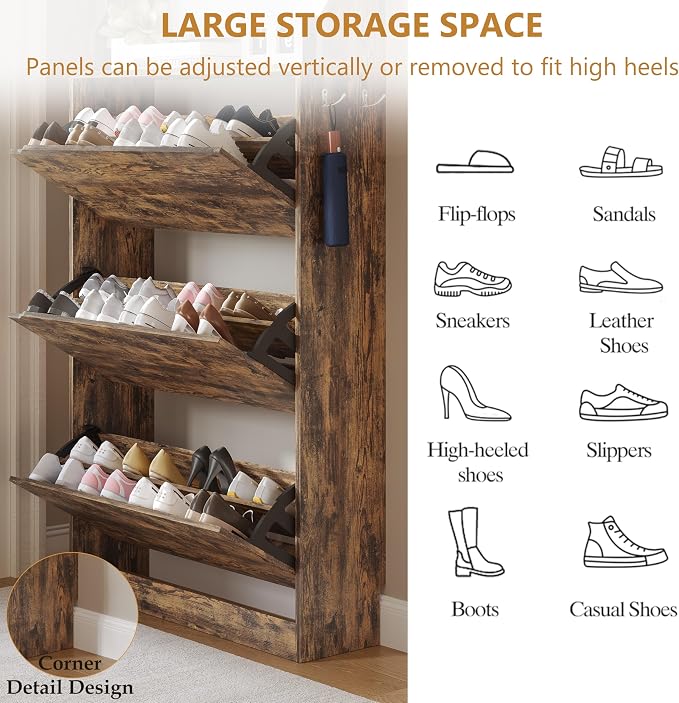 Wodeer Tall Shoe Cabinet with Coat Rack, Hidden Shoe Storage Cabinet with Doors & Drawer, Hanging Bar & Hooks, Slim Narrow Freestanding Shoe Rack Organizer for Entryway, Hallway & Living Room, Brown